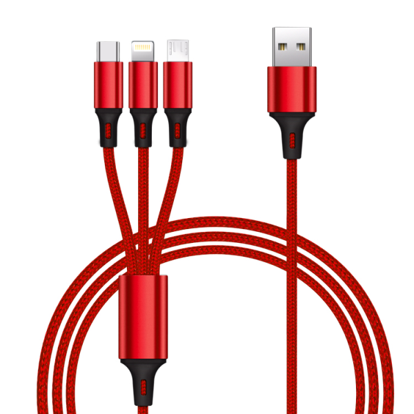 4 in 1 Ladekabel USB C / Lightning / micro USB / USB A Nylon 5V 2A 1,2m Rot