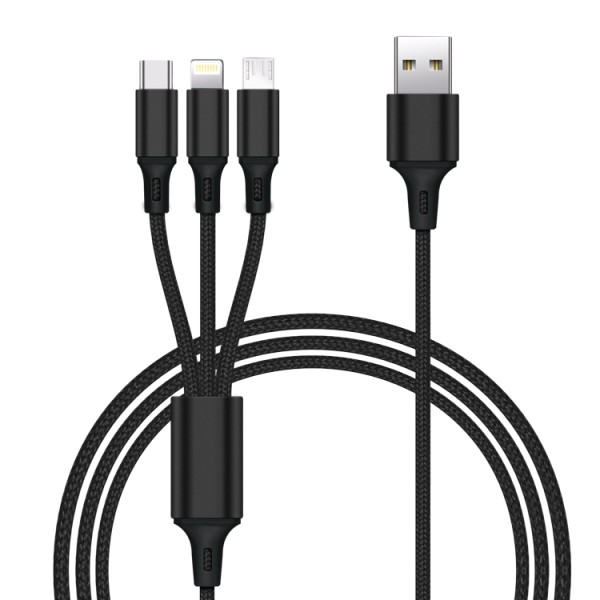 4 in 1 Ladekabel USB C / Lightning / micro USB / USB A Nylon 5V 2A 1,2m Schwarz