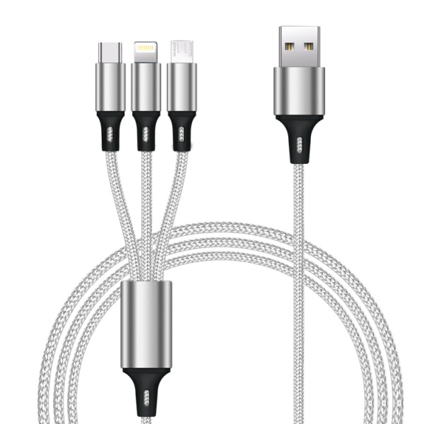 4 in 1 Ladekabel USB C / Lightning / micro USB / USB A Nylon 5V 2A 1,2m Silber